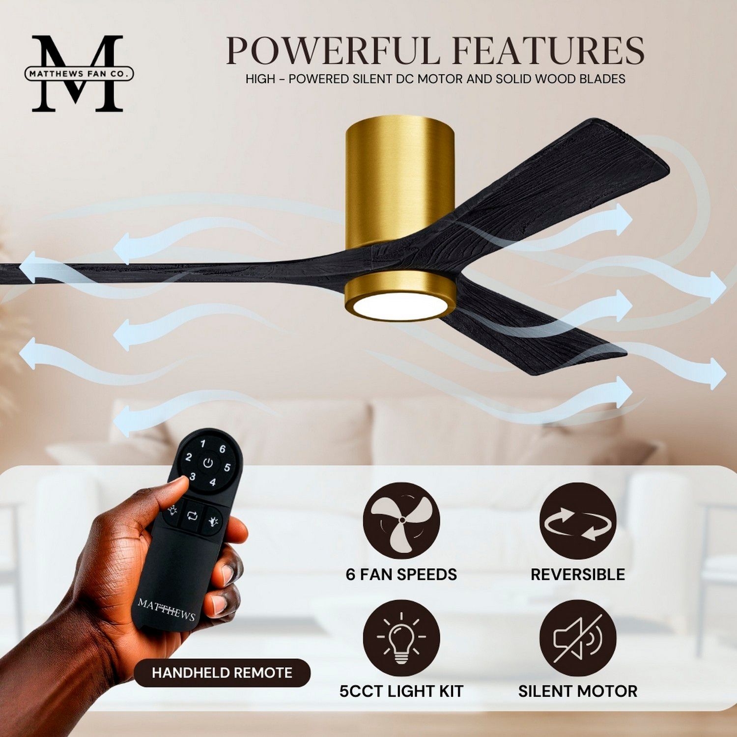42" Irene-3HLK Brushed Brass Matte Black LED Ceiling Fan with Remote