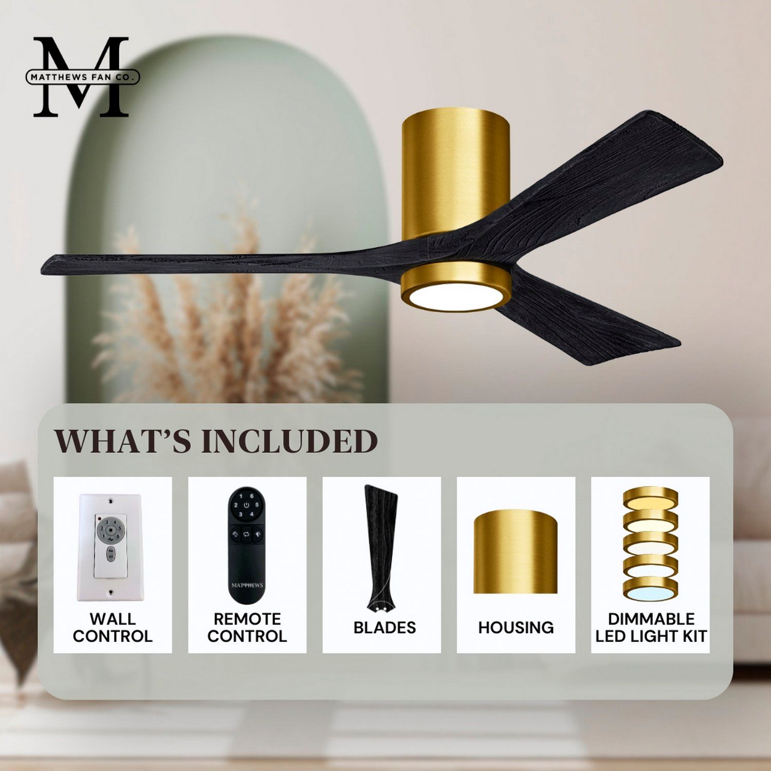 42" Irene-3HLK Brushed Brass Matte Black LED Ceiling Fan with Remote