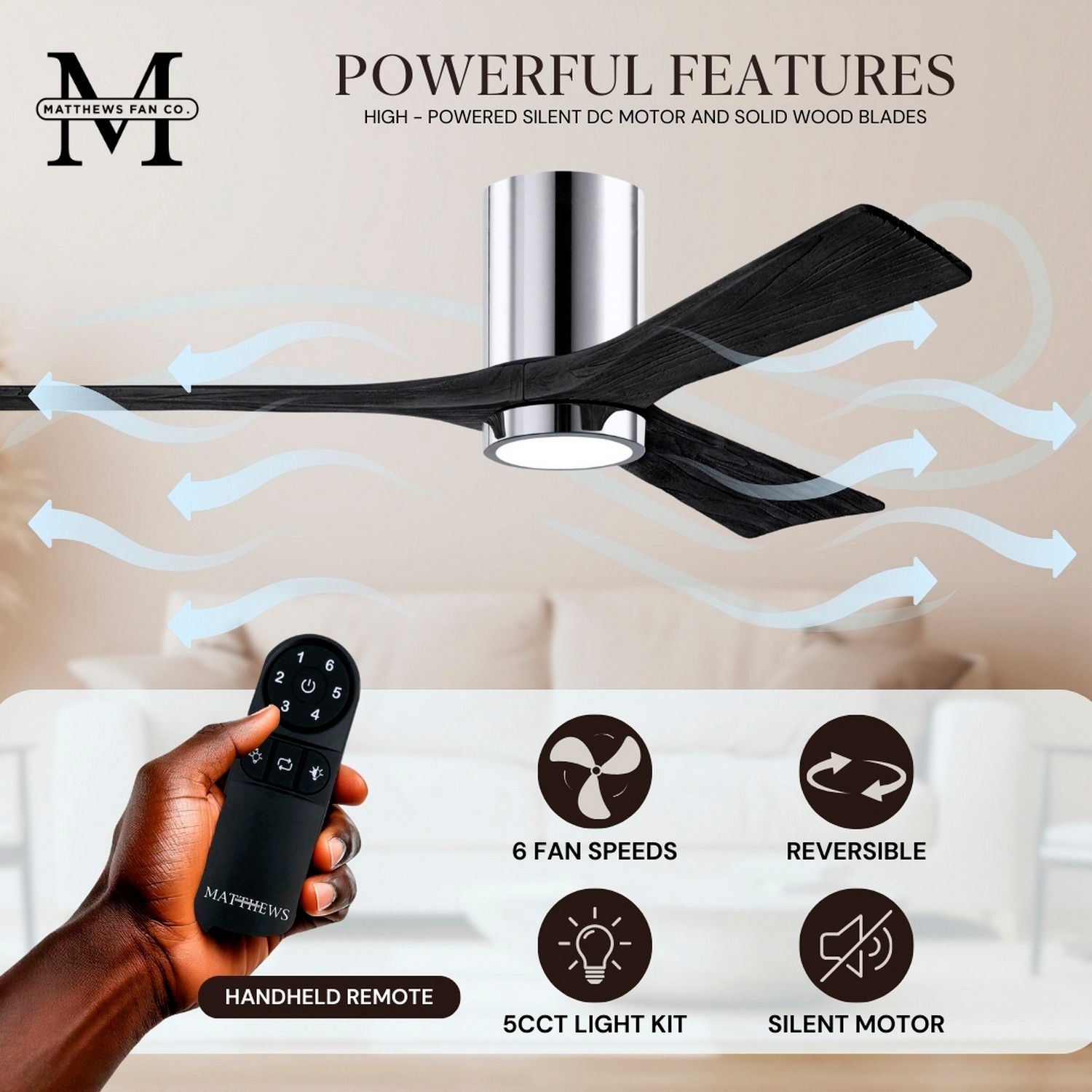 42" Irene-3HLK LED Damp Rated Chrome and Black Ceiling Fan with Remote