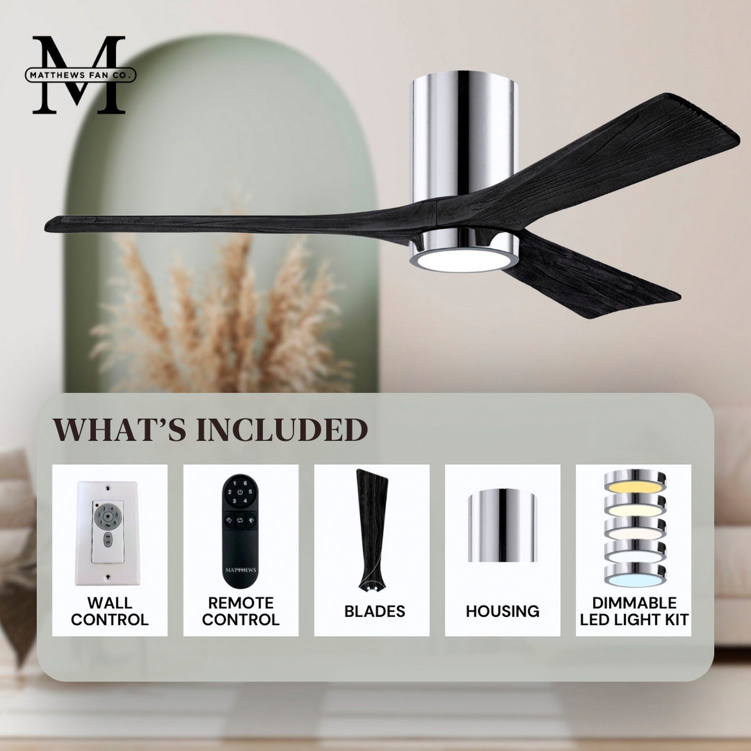 42" Irene-3HLK LED Damp Rated Chrome and Black Ceiling Fan with Remote