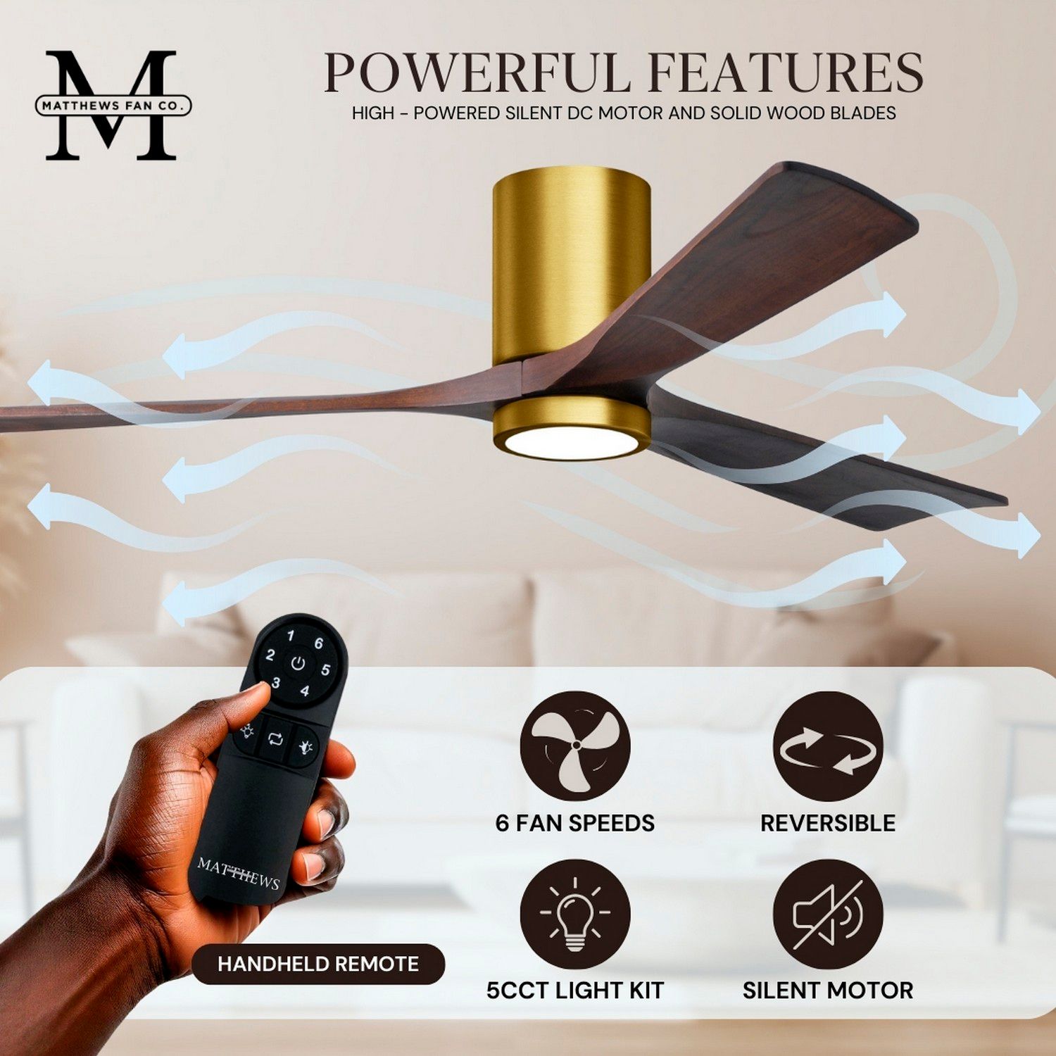 42" Irene-3HLK LED Damp Rated Walnut and Brass Ceiling Fan with Remote