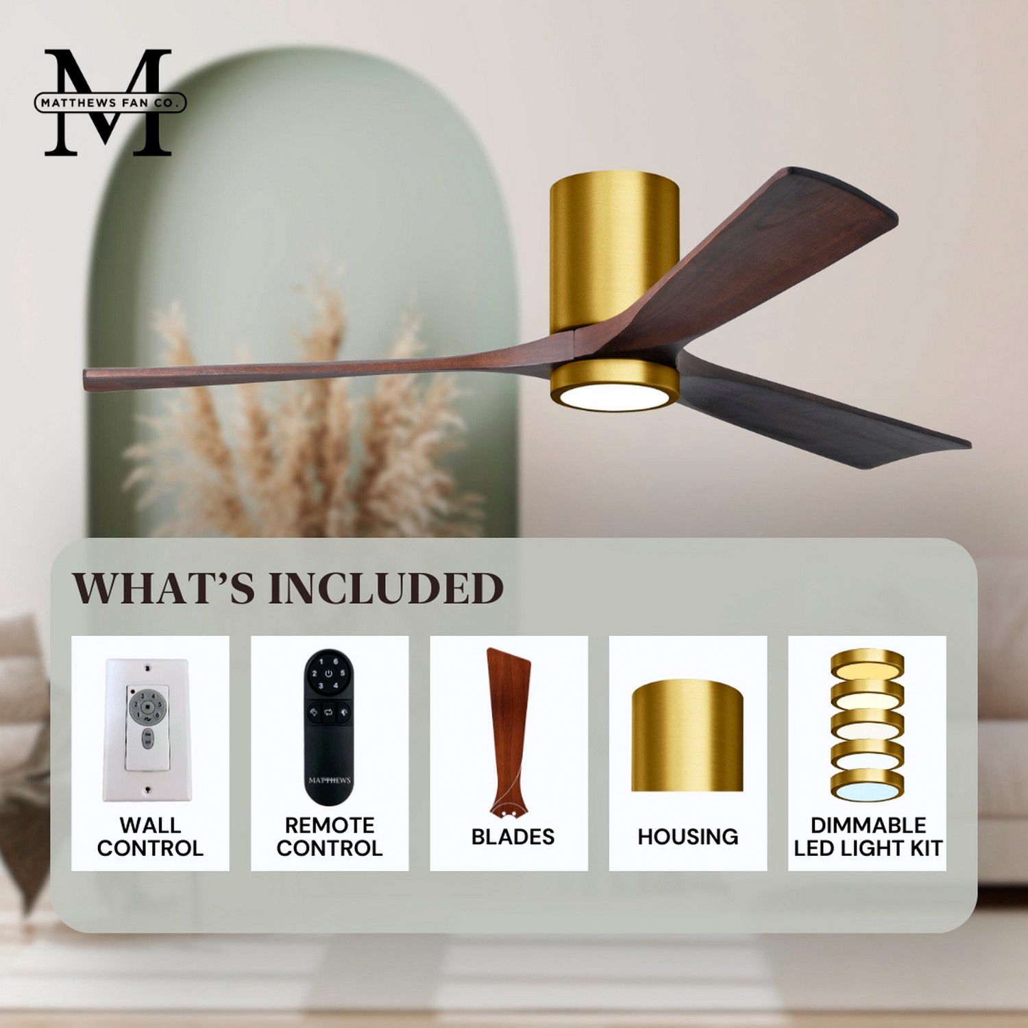 42" Irene-3HLK LED Damp Rated Walnut and Brass Ceiling Fan with Remote