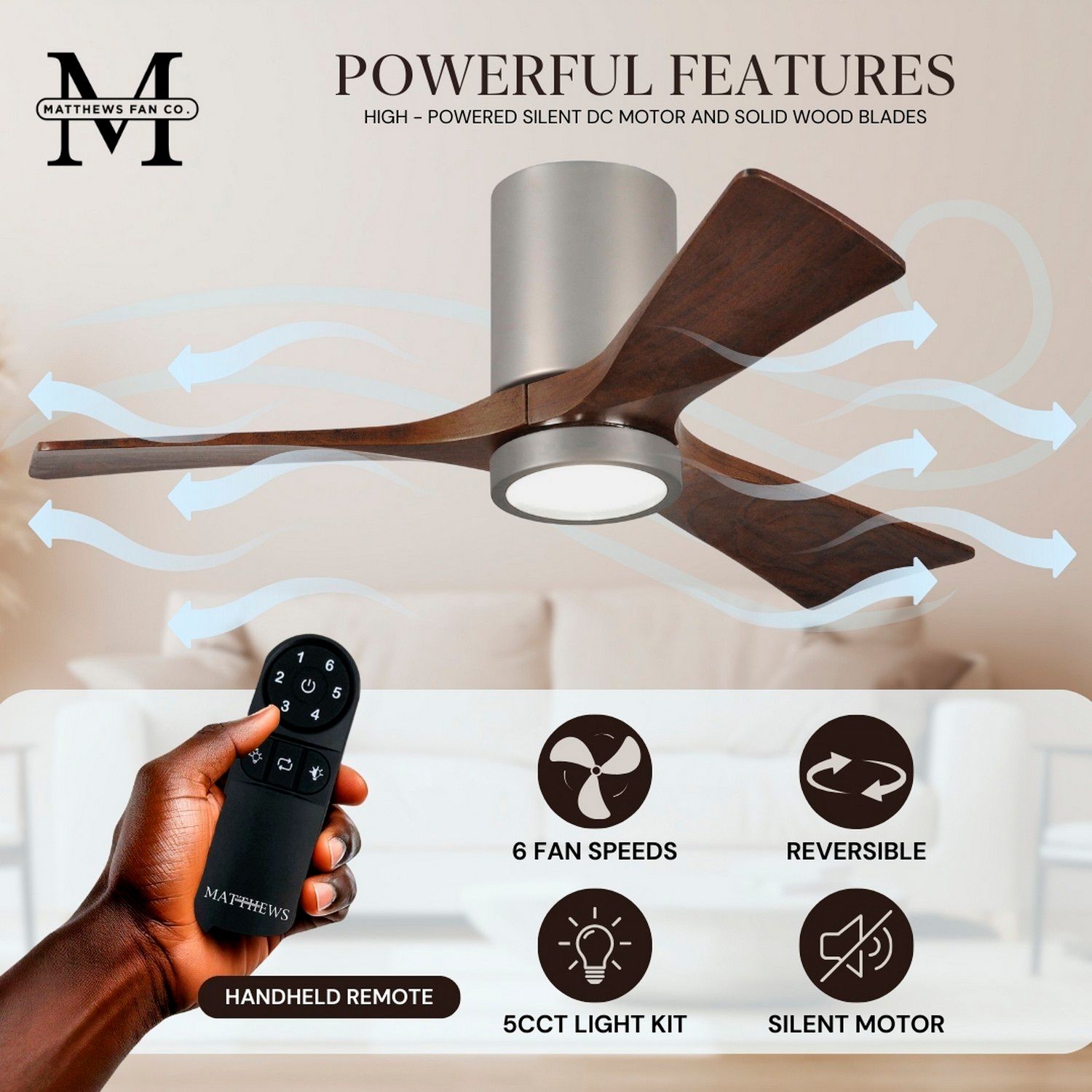42" Irene-3HLK Nickel 3-Blade LED Damp Hugger Ceiling Fan with Remote