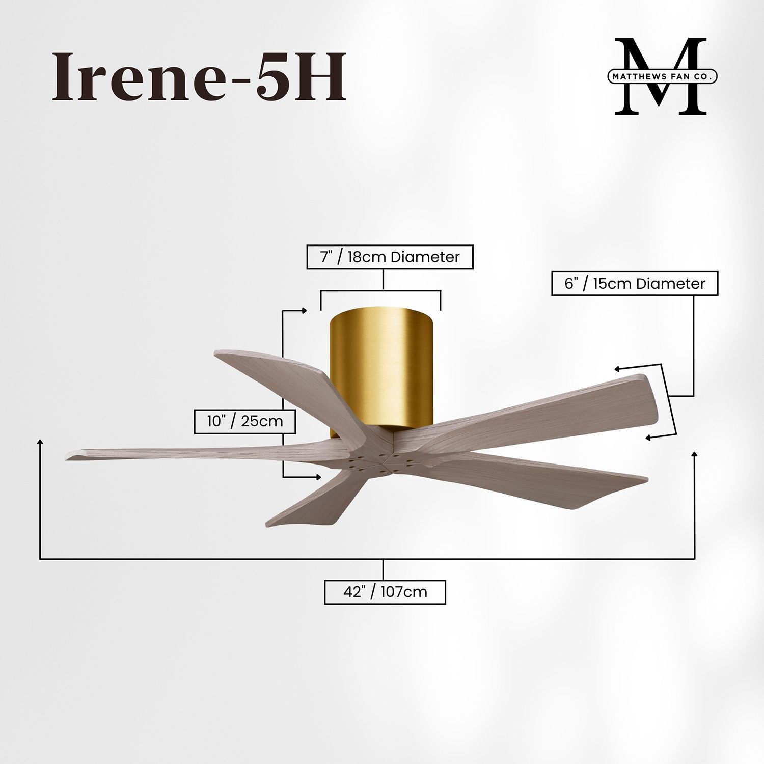 42" Irene-5H Brushed Brass and Gray Ash Ceiling Fan