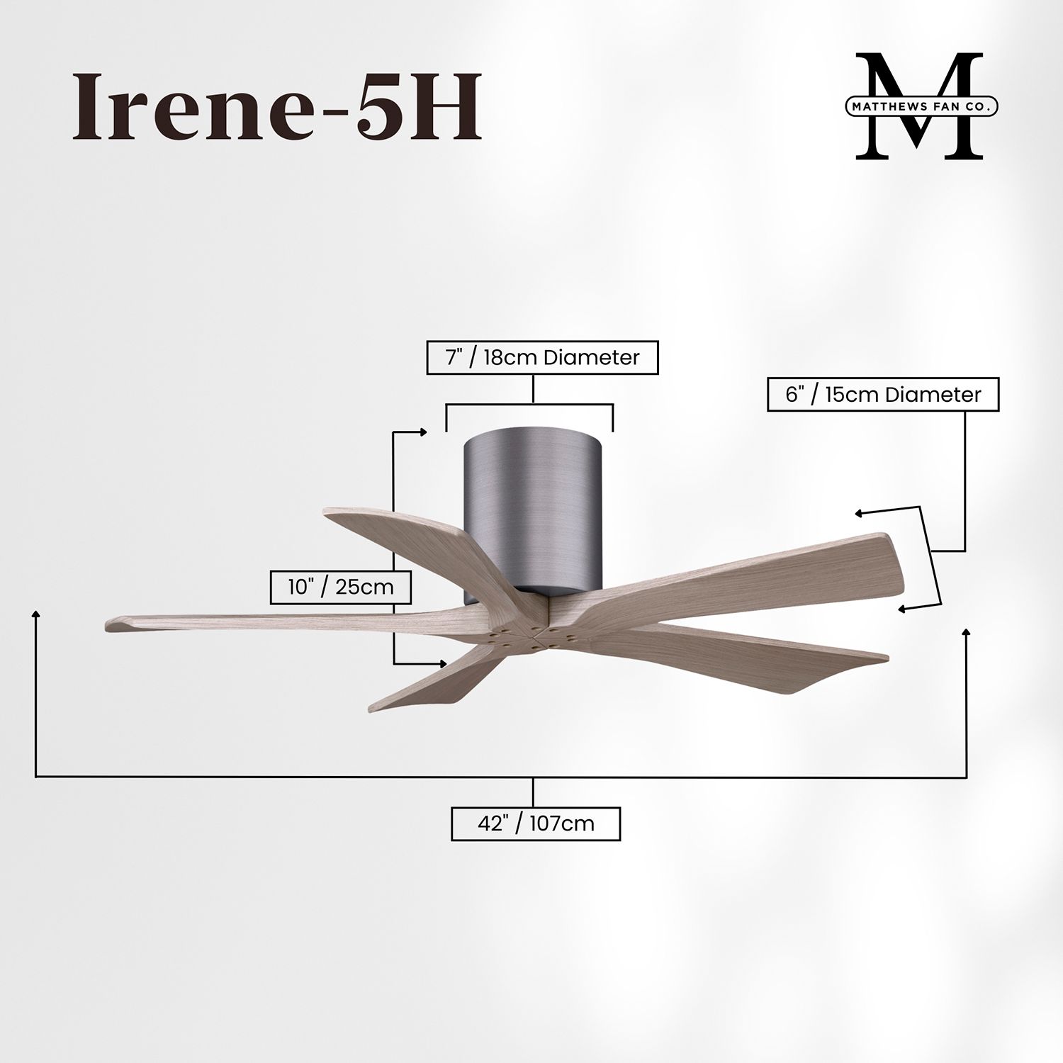 42" Irene-5H Brushed Pewter and Gray Ash Ceiling Fan
