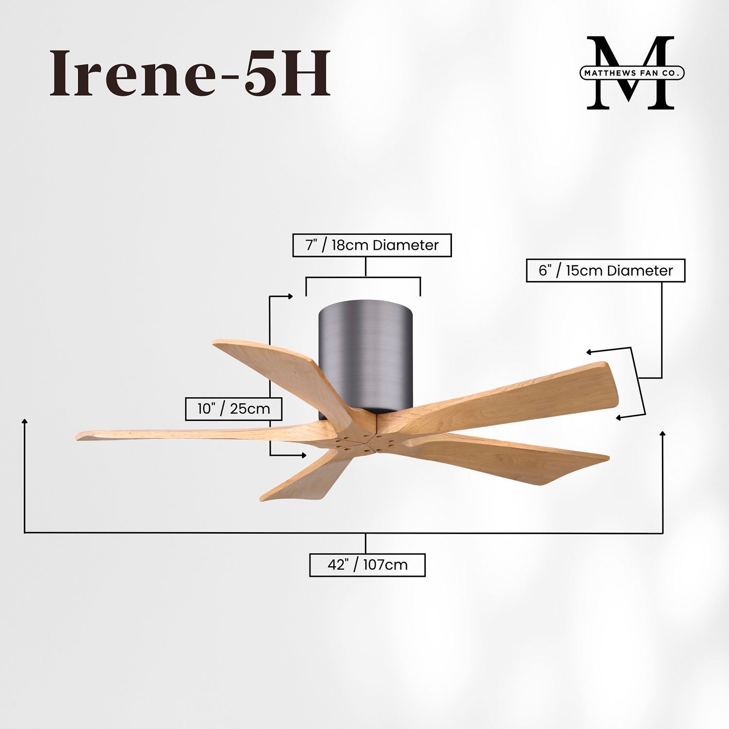 42" Irene-5H Brushed Pewter and Light Maple Ceiling Fan