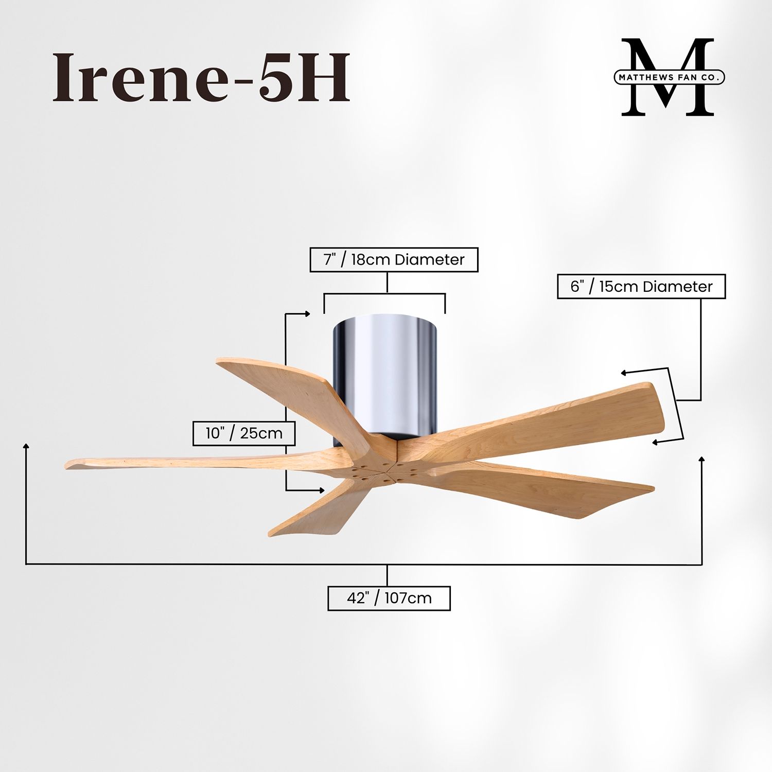 42" Irene-5H Polished Chrome and Light Maple Ceiling Fan