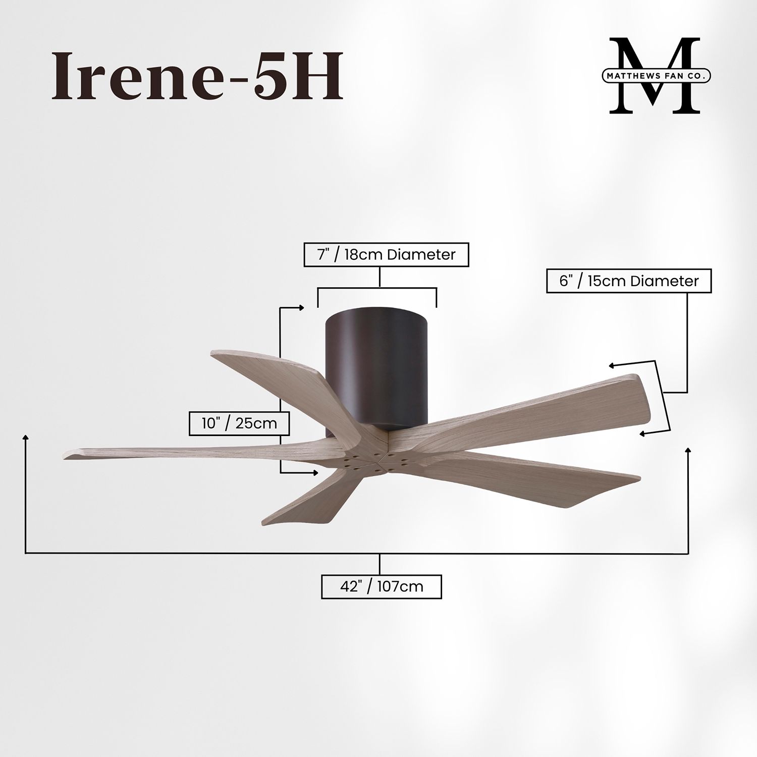 42" Irene-5H Textured Bronze and Gray Ash Ceiling Fan