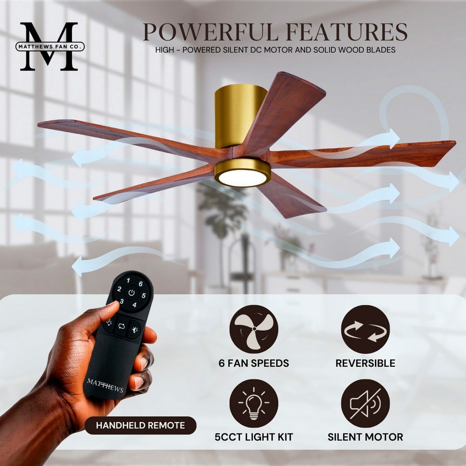 42" Irene-5HLK Brushed Brass and Walnut LED Ceiling Fan