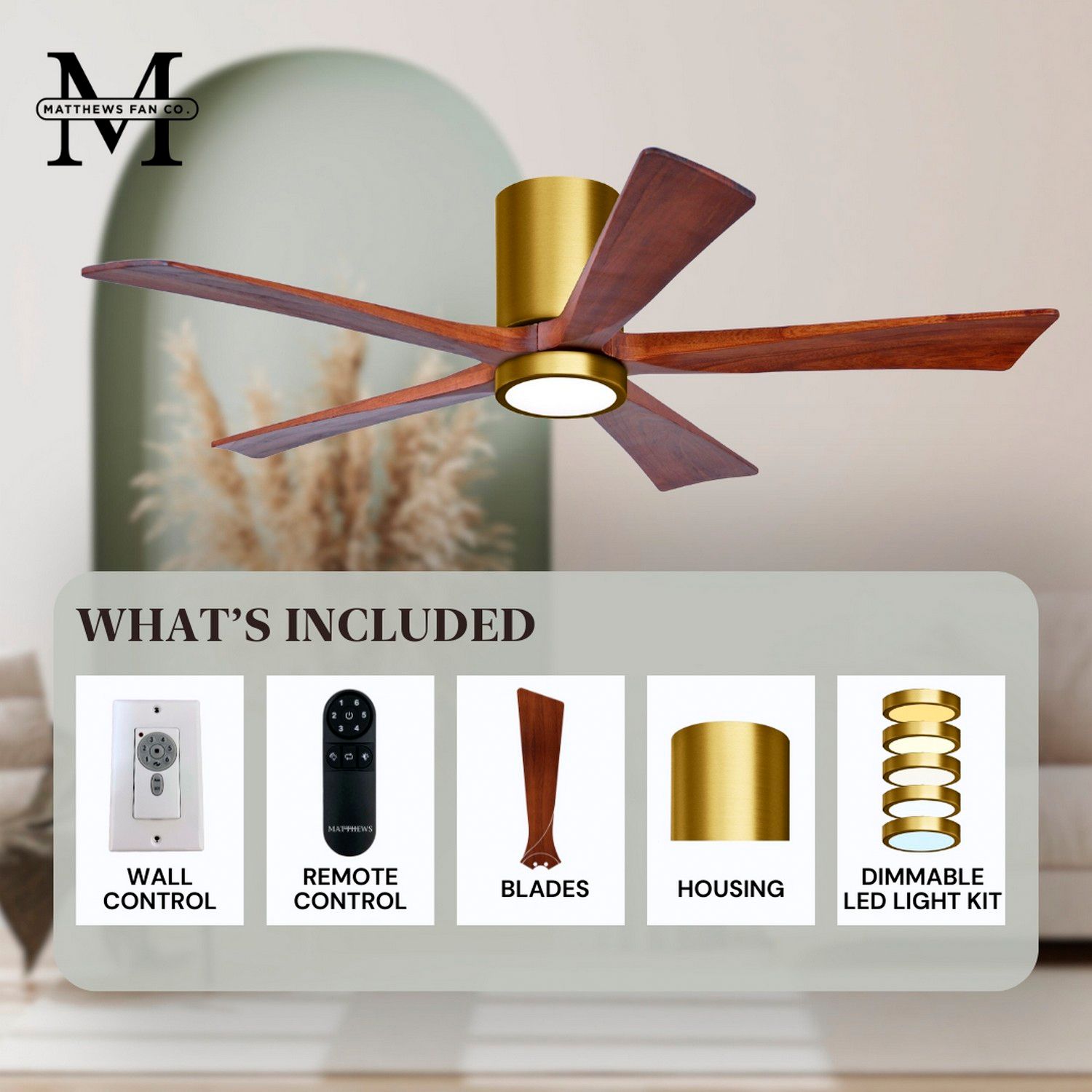42" Irene-5HLK Brushed Brass and Walnut LED Ceiling Fan