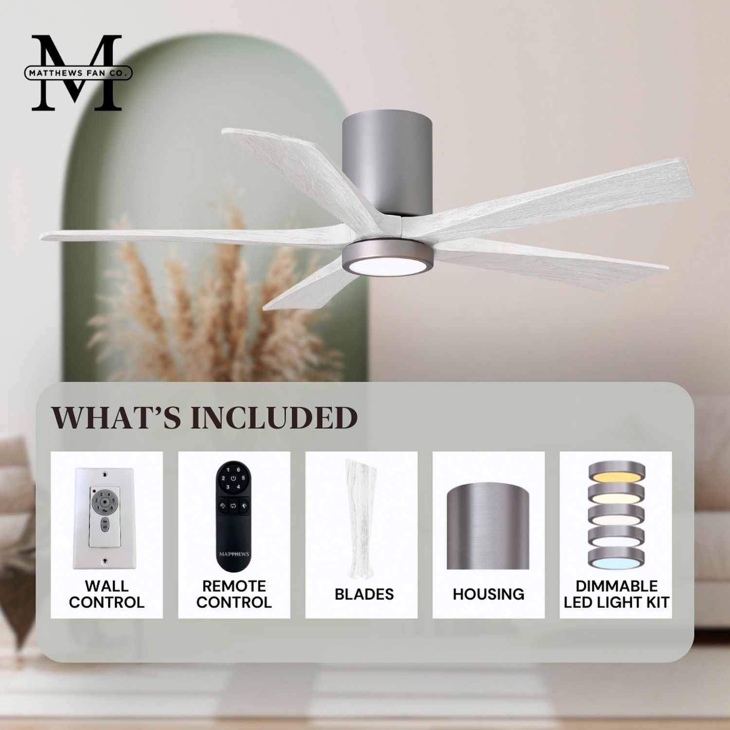 42" Irene-5HLK LED Damp Brushed Nickel White Ceiling Fan with Remote