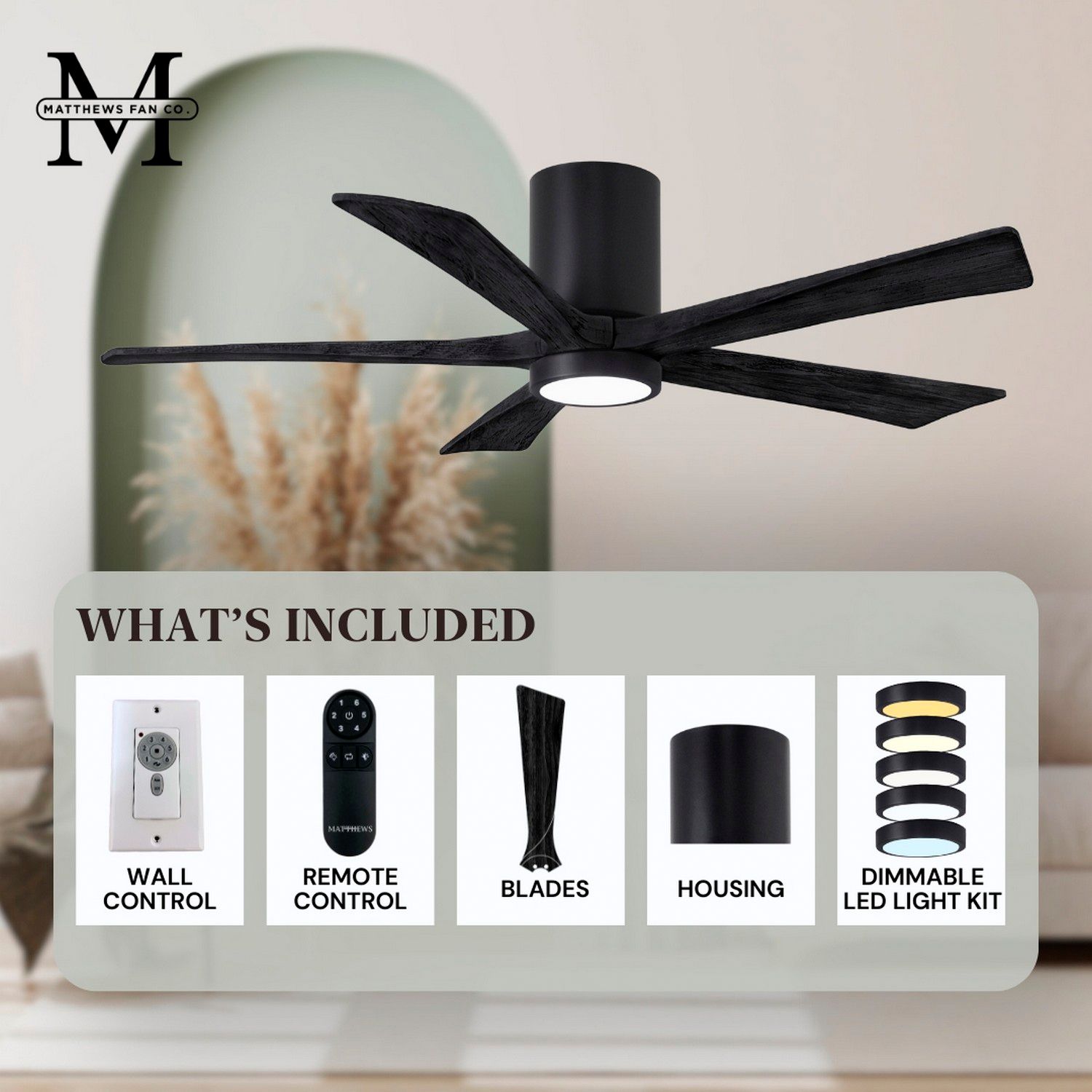 42" Irene-5HLK Matte Black LED Hugger Ceiling Fan