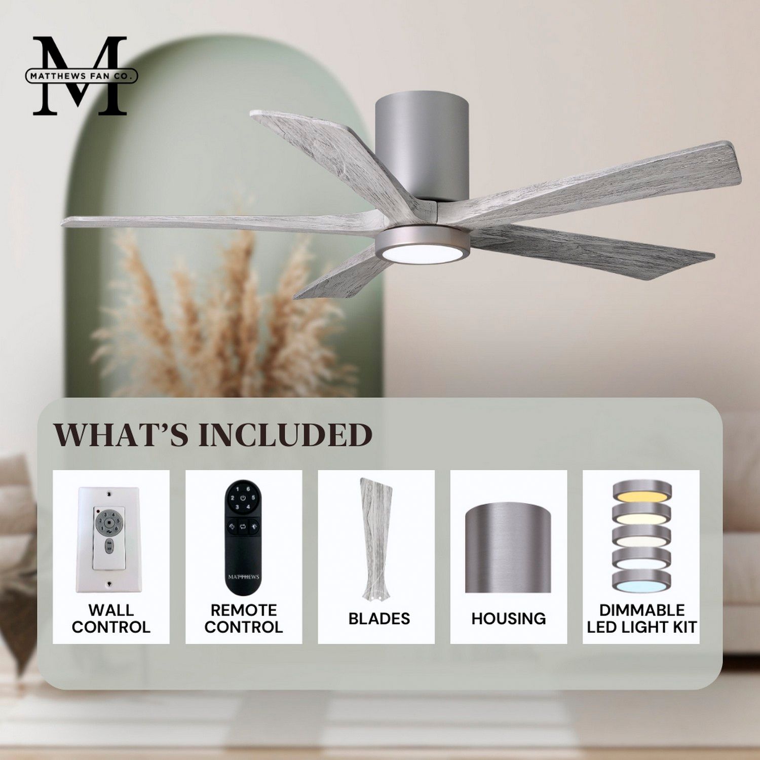 42" Irene-5HLK Nickel 5-Blade LED Damp Hugger Ceiling Fan with Remote