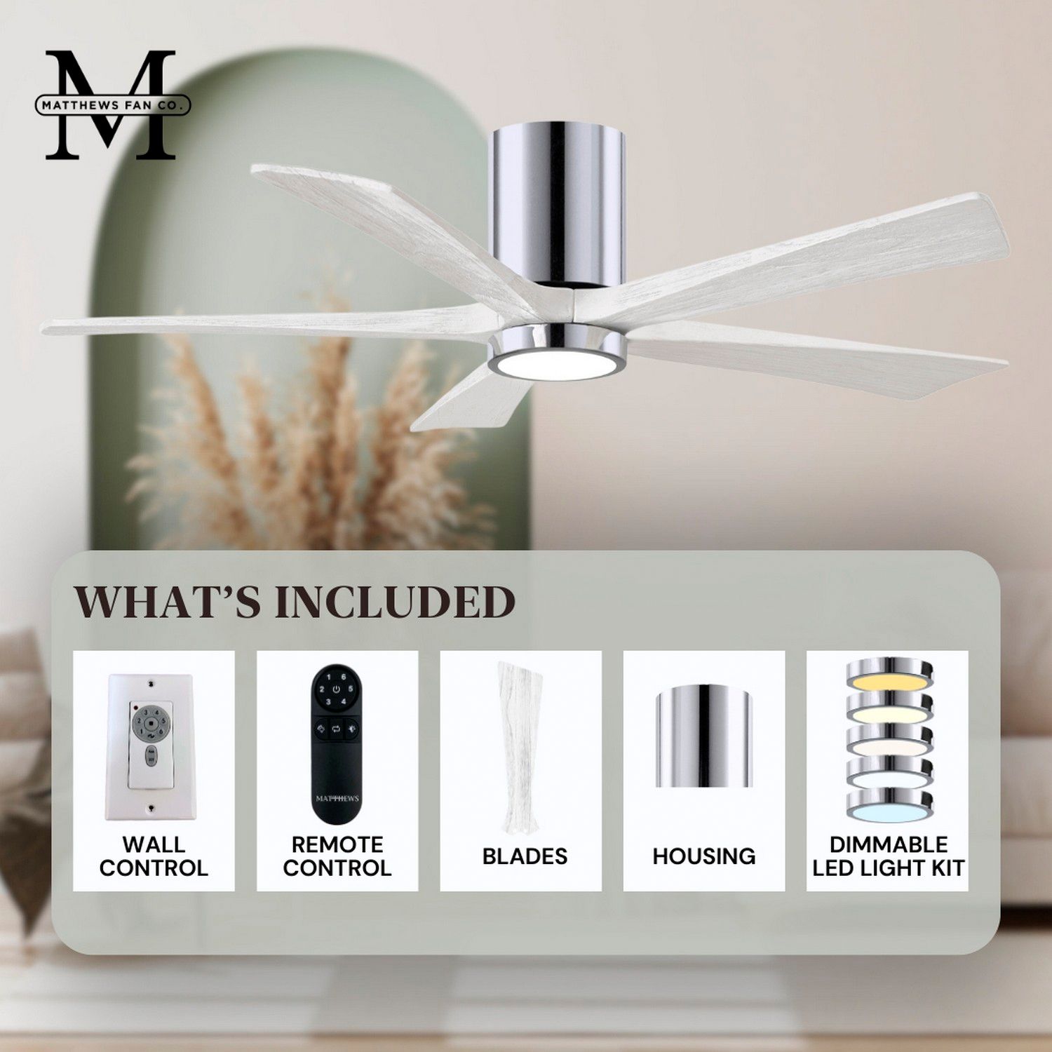 42" Irene-5HLK Polished Chrome and White LED Ceiling Fan