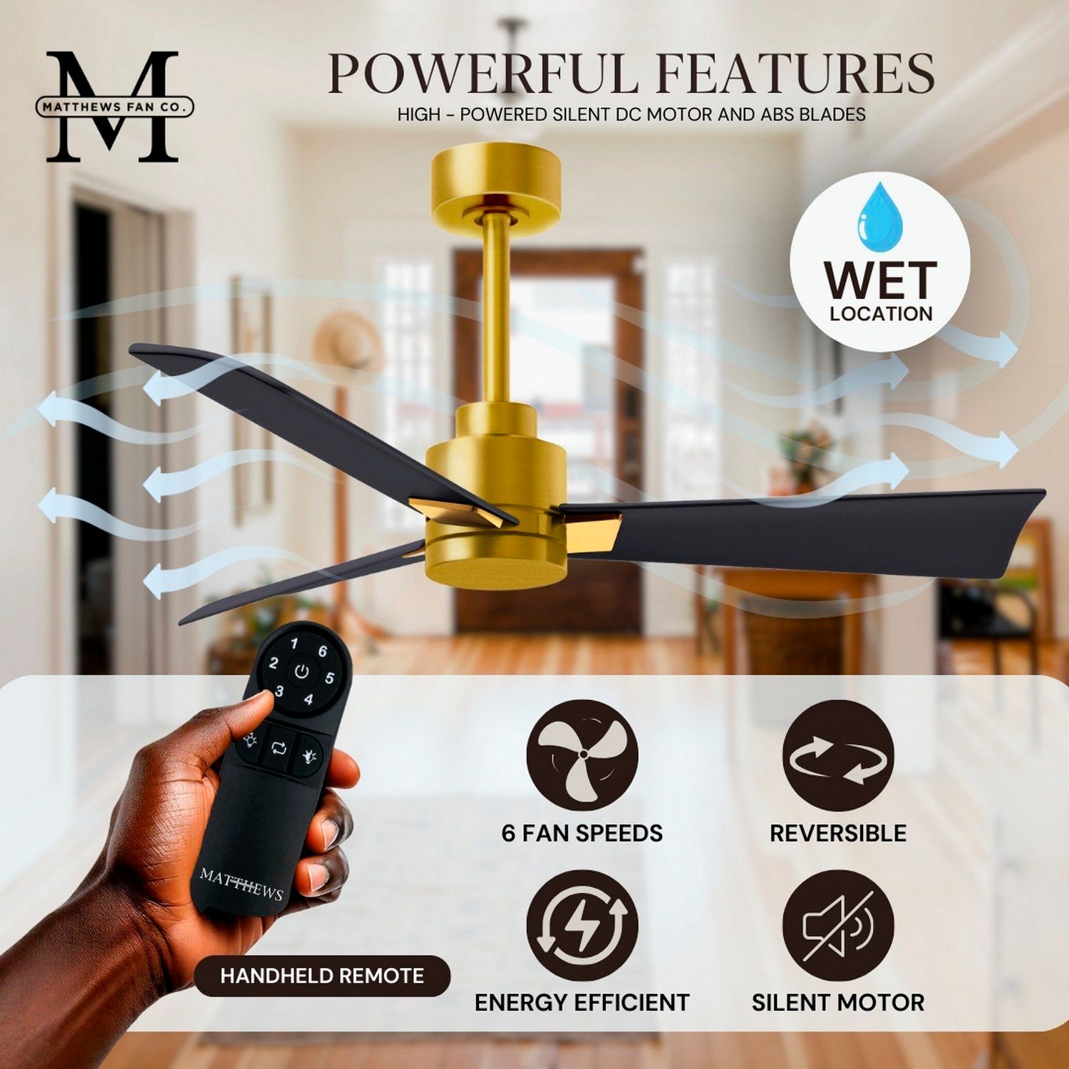 42" Matthews Alessandra Brass and Matte Black Ceiling Fan with Remote