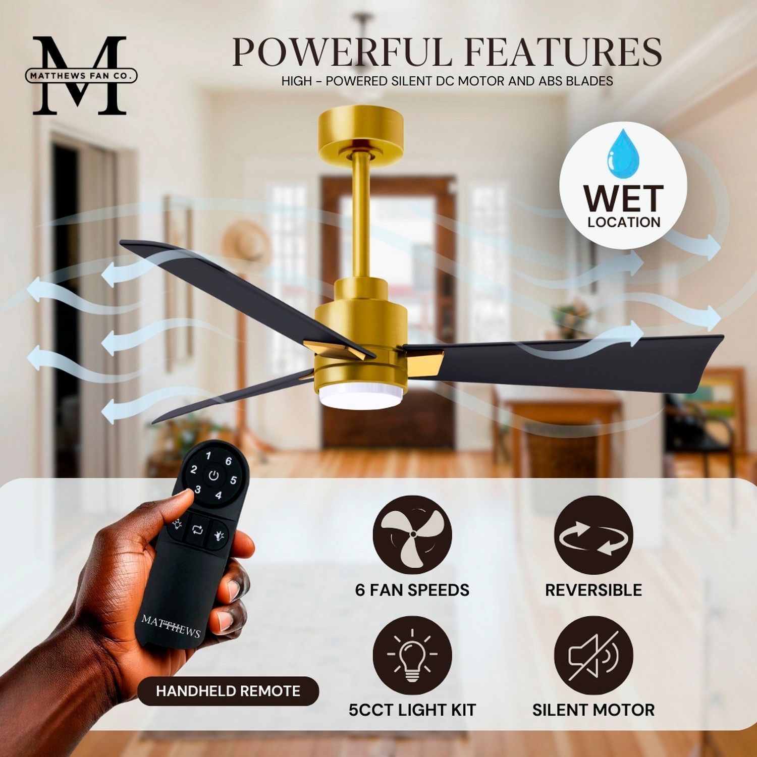 42" Matthews Alessandra Damp LED Black Brass Ceiling Fan with Remote