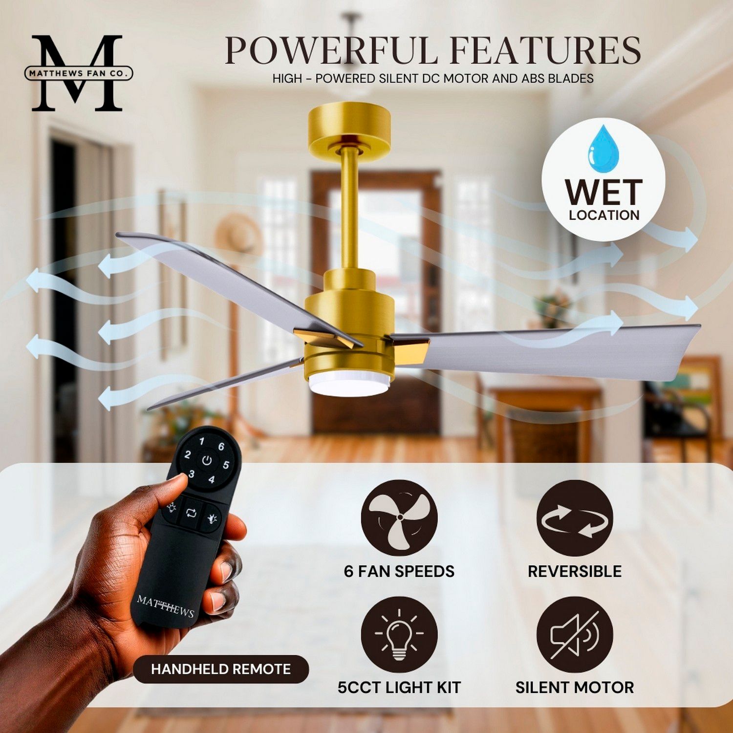 42" Matthews Alessandra Damp LED Brass Nickel Ceiling Fan with Remote