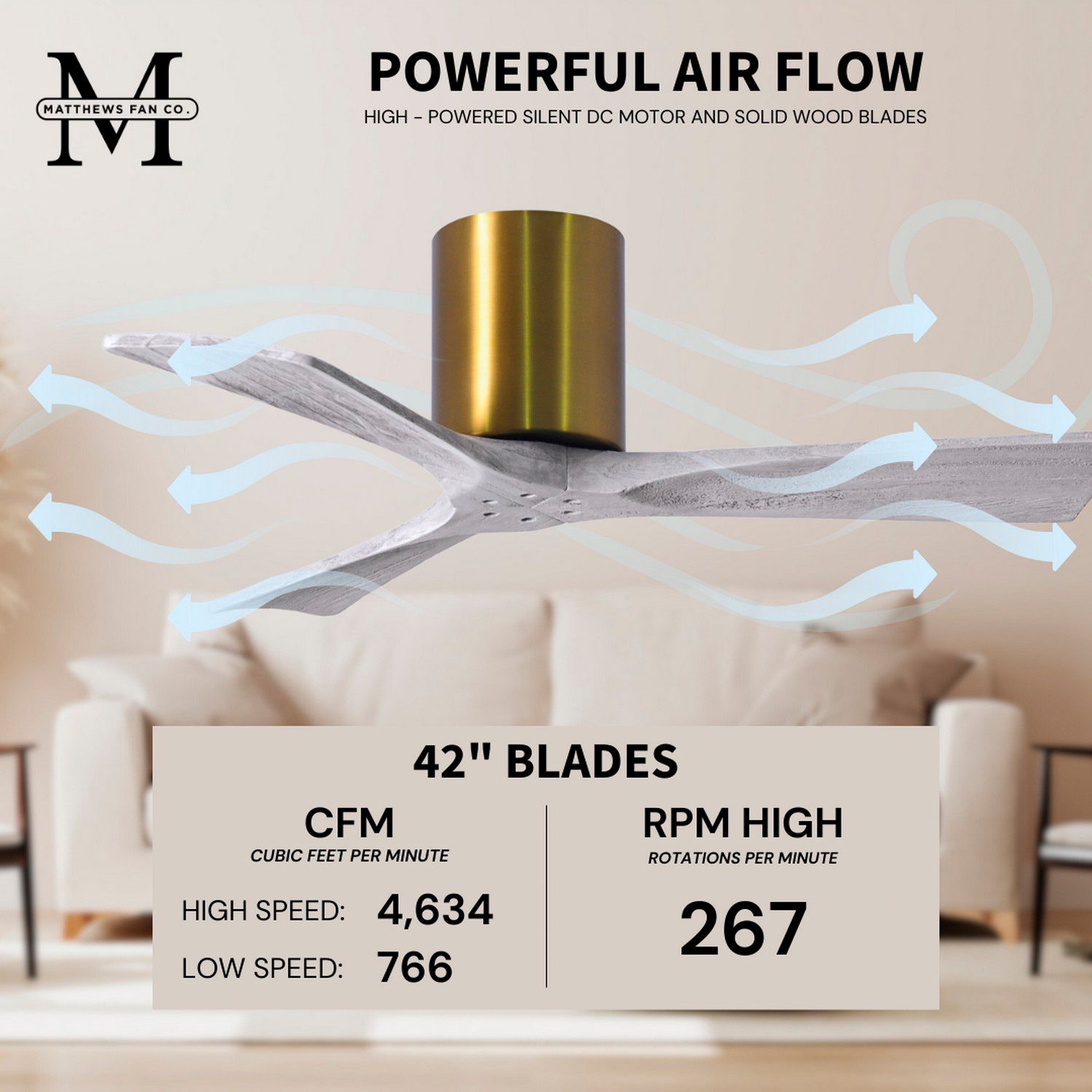 42" Matthews Irene 3H Brass and Barnwood Remote Hugger Ceiling Fan