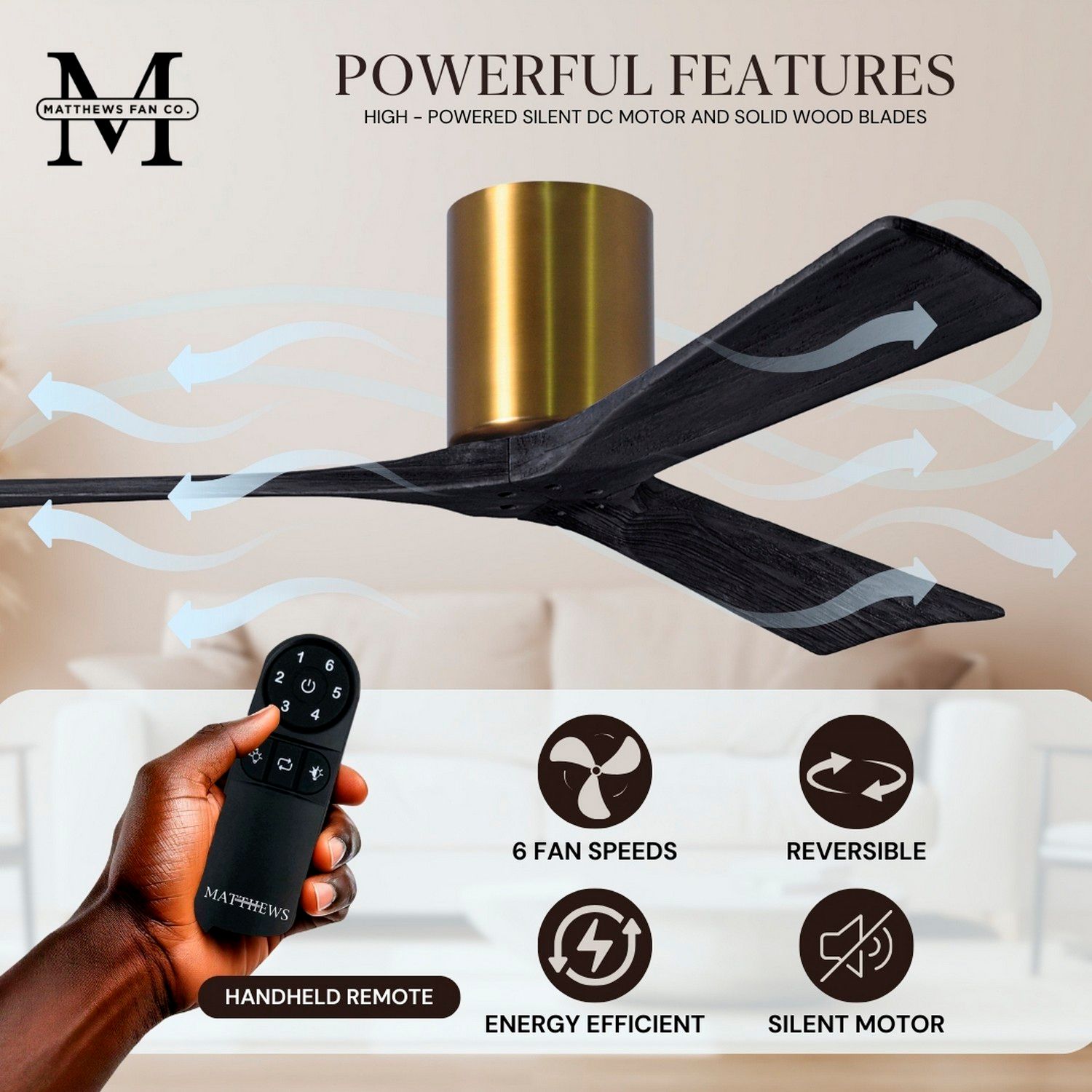 42" Matthews Irene 3H Brass and Matte Black Remote Hugger Ceiling Fan