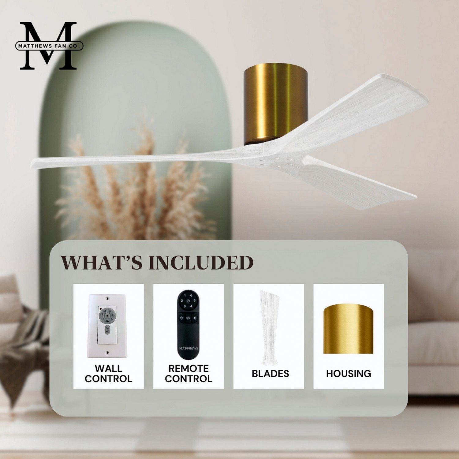 42" Matthews Irene 3H Brass and Matte White Remote Hugger Ceiling Fan