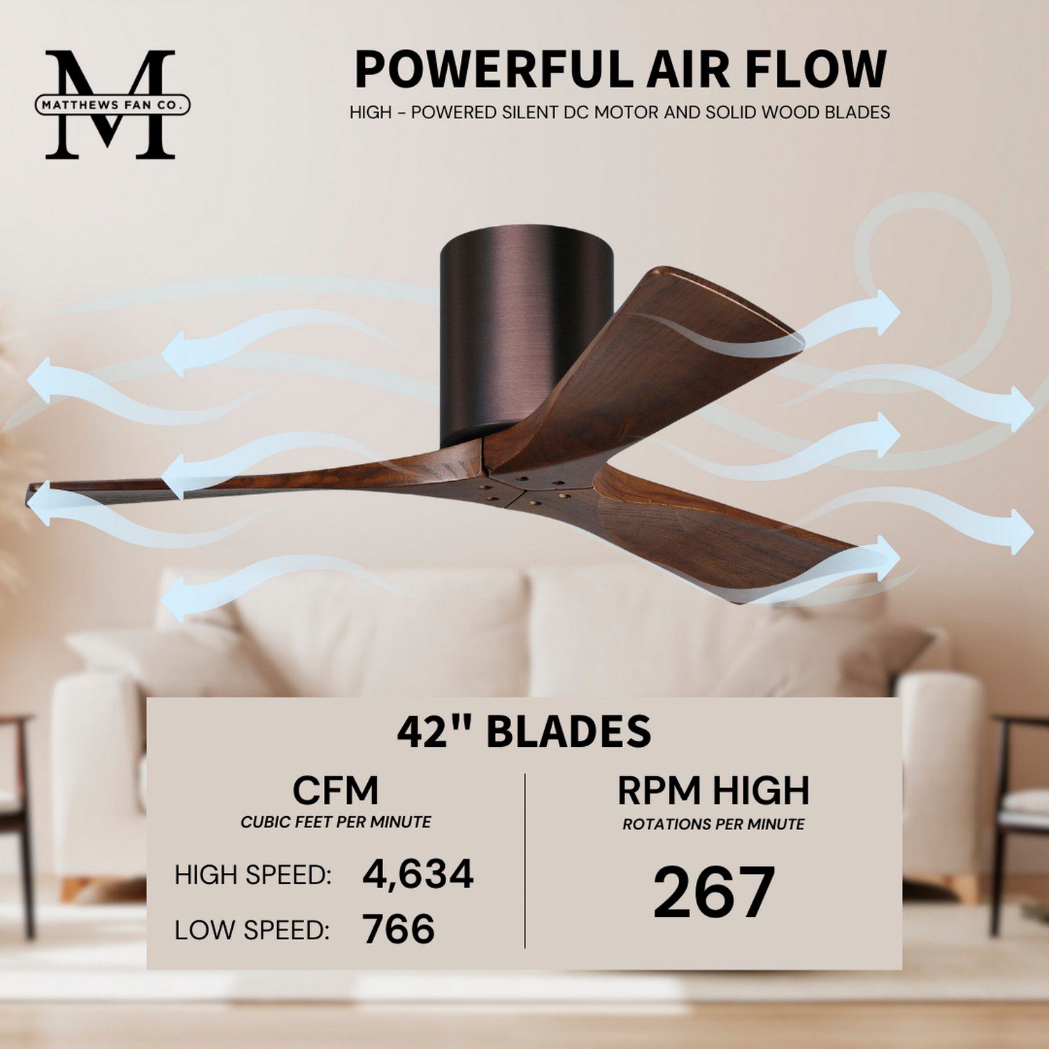 42" Matthews Irene 3H Bronze and Walnut Remote Hugger Ceiling Fan