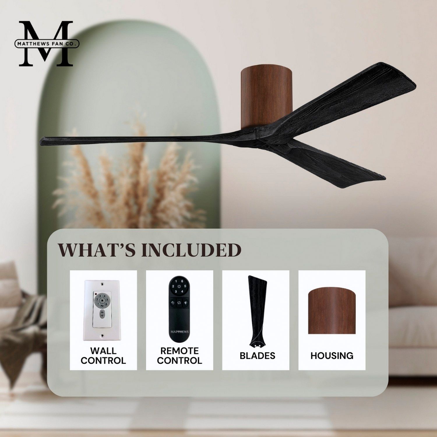 42" Matthews Irene 3H Walnut and Matte Black Remote Hugger Ceiling Fan