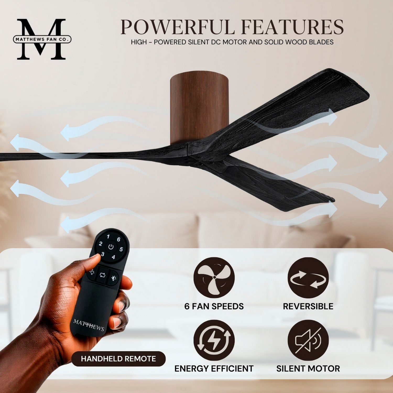 42" Matthews Irene 3H Walnut and Matte Black Remote Hugger Ceiling Fan
