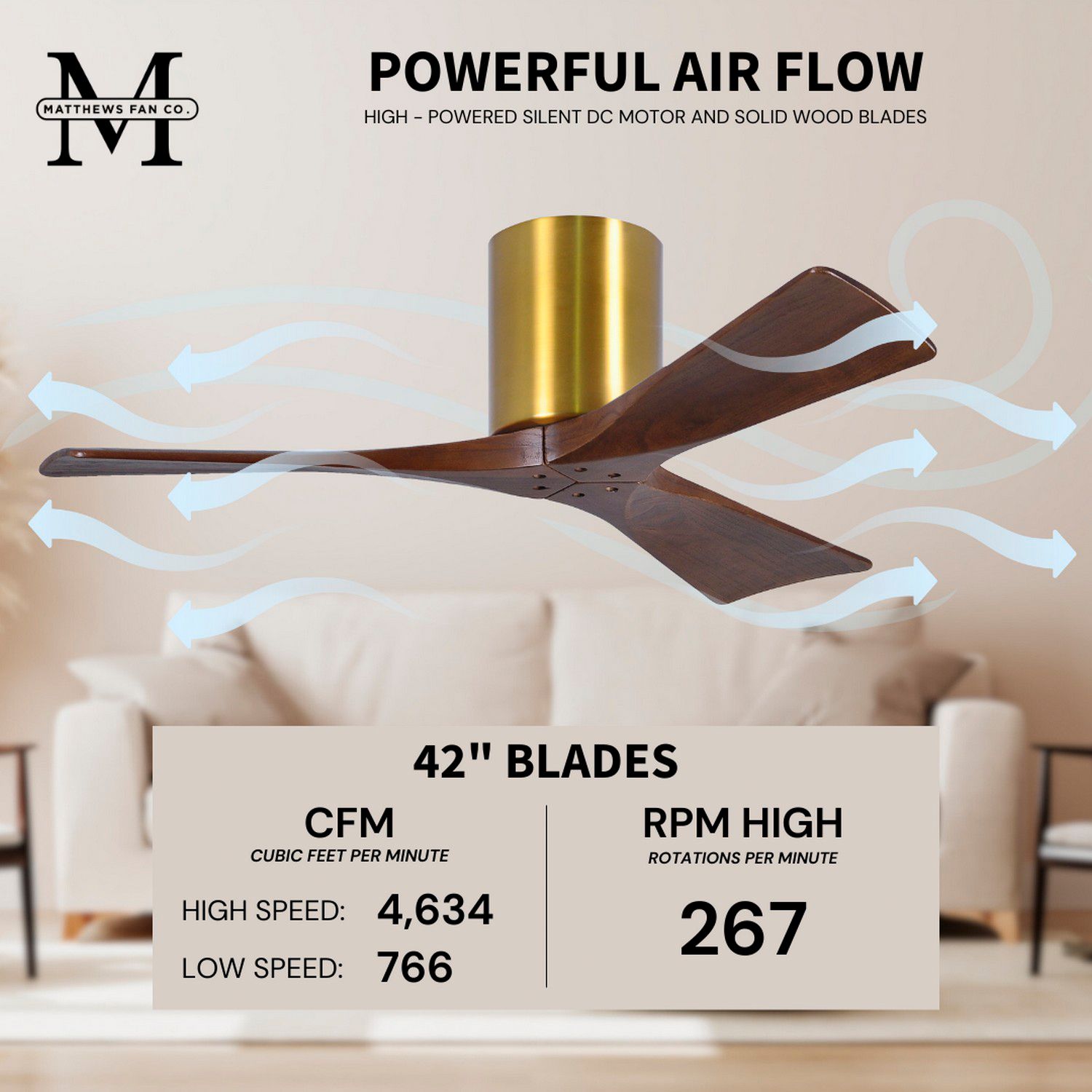 42" Matthews Irene 3H Walnut Brass Damp Hugger Ceiling Fan with Remote