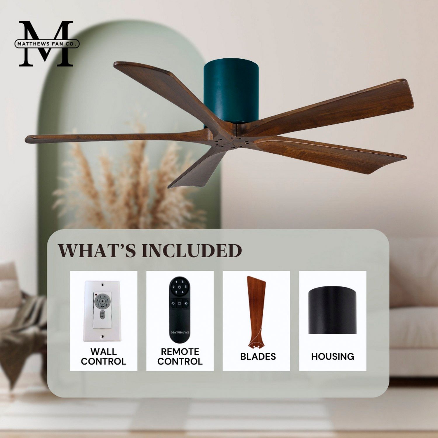 42" Matthews Irene-5H Black and Walnut Hugger Ceiling Fan with Remote