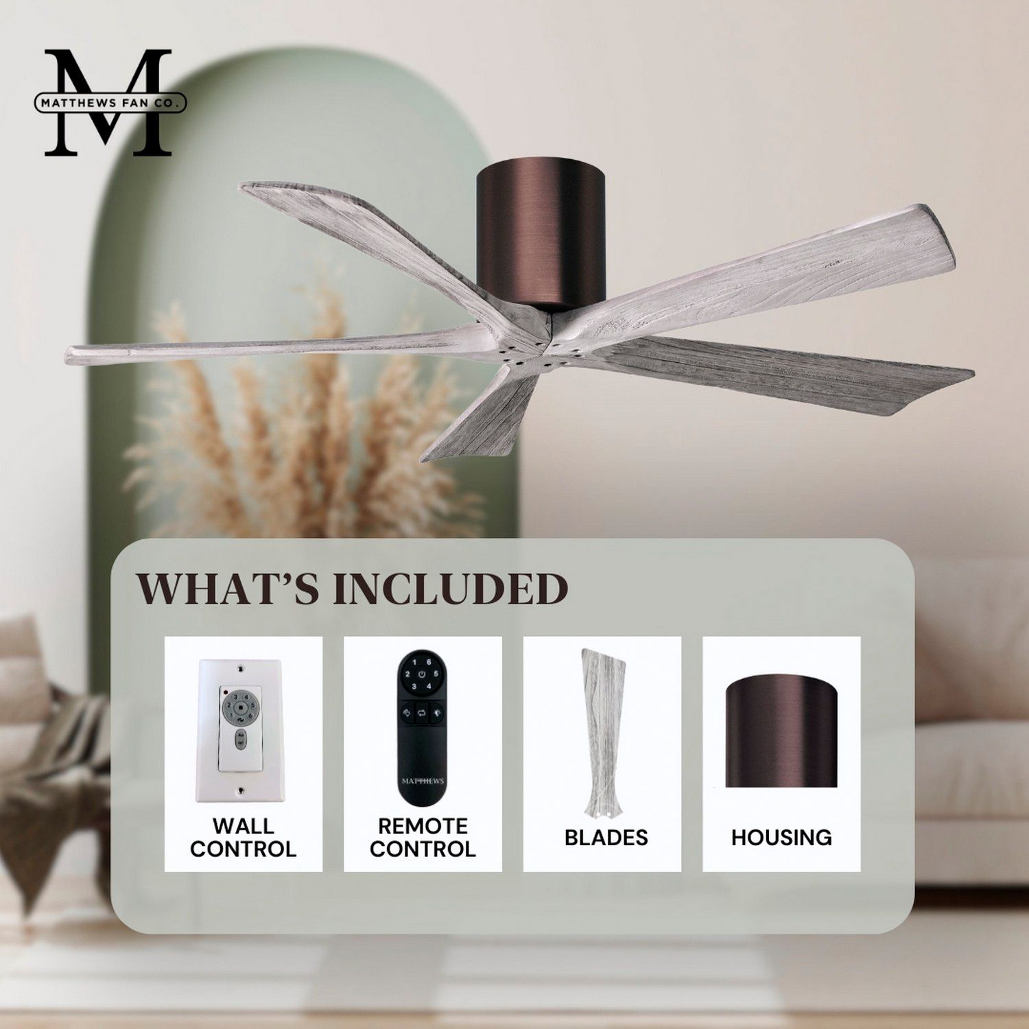 42" Matthews Irene-5H Bronze and Barnwood Hugger Remote Ceiling Fan