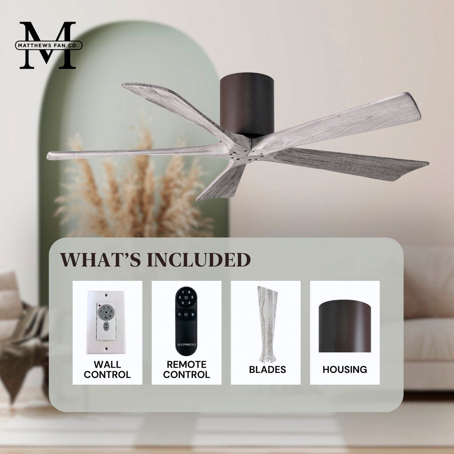 42" Matthews Irene-5H Bronze and Barnwood Hugger Remote Ceiling Fan