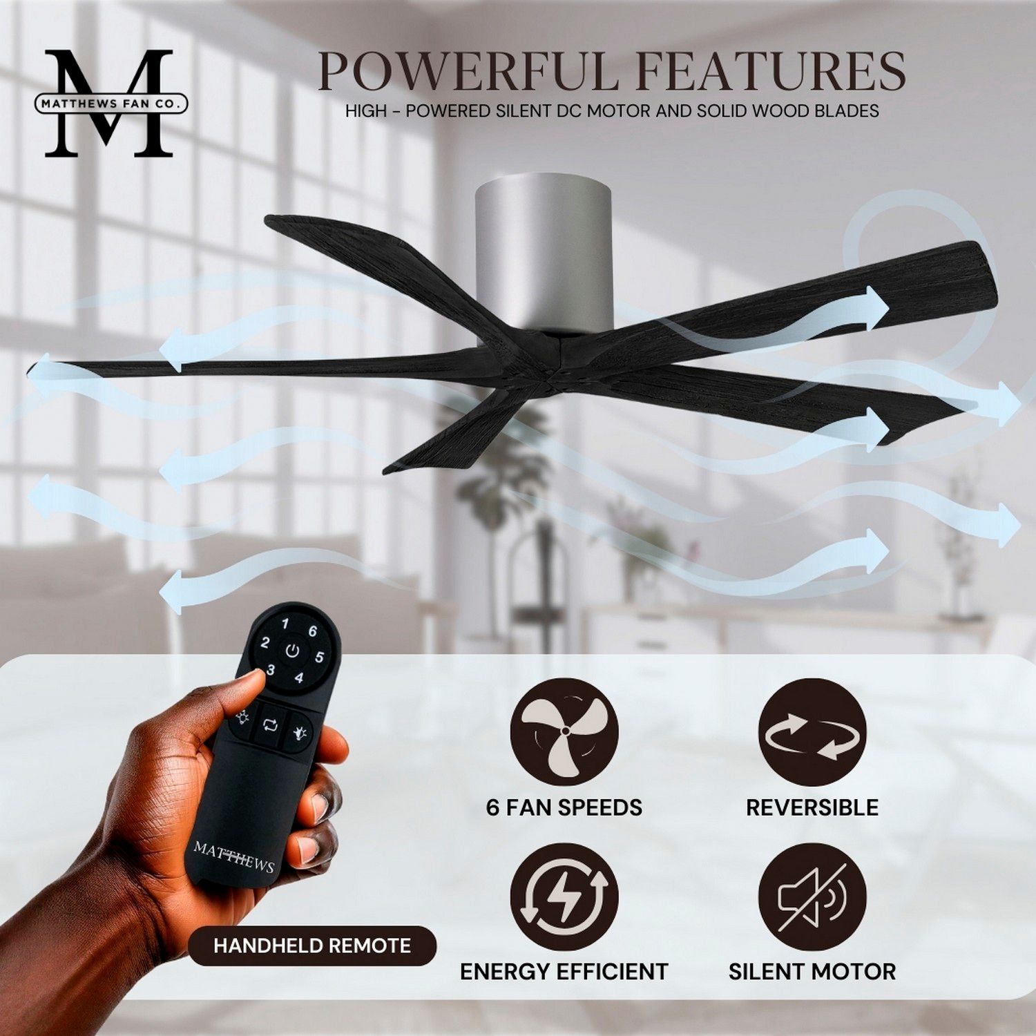 42" Matthews Irene-5H Brushed Nickel and Black Hugger Ceiling Fan