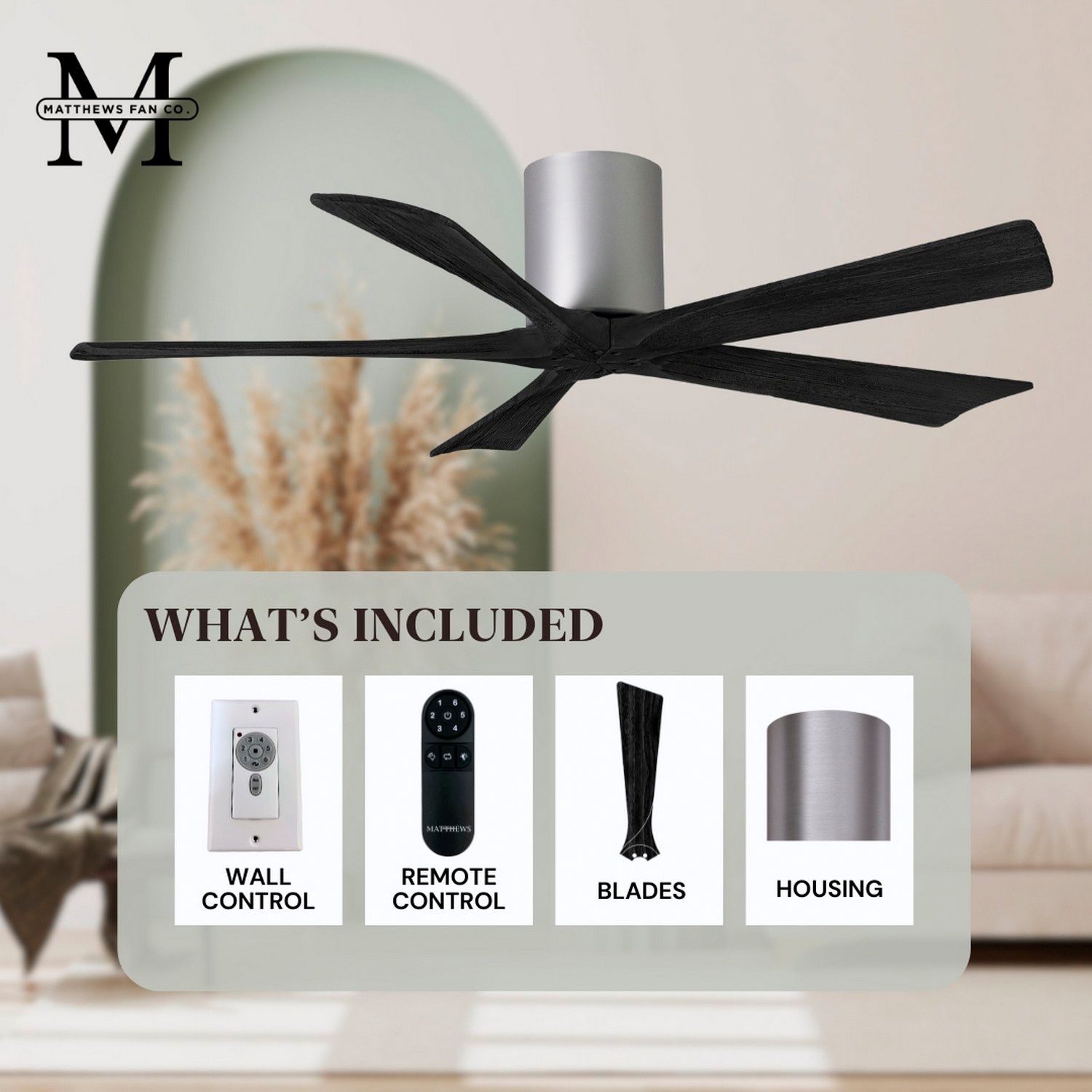 42" Matthews Irene-5H Brushed Nickel and Black Hugger Ceiling Fan