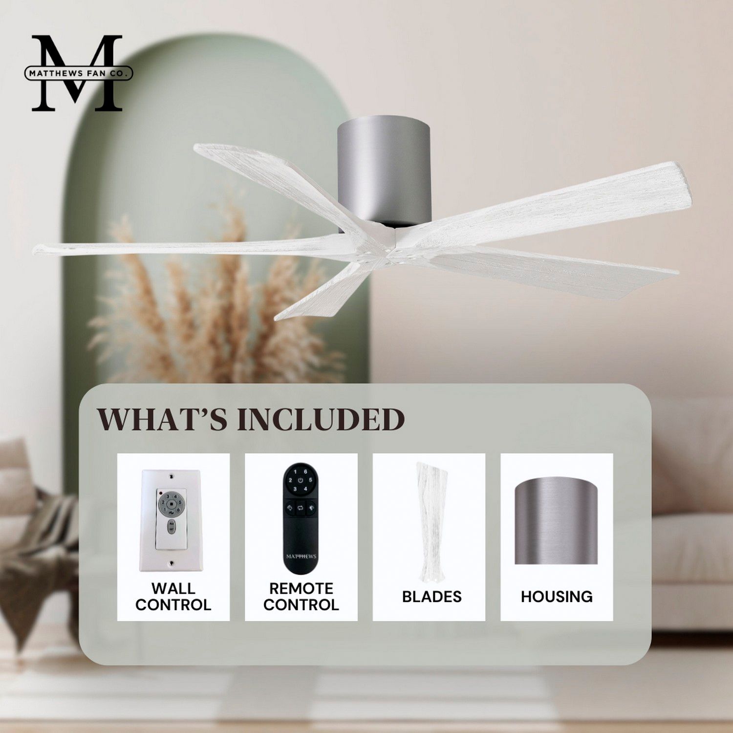 42" Matthews Irene-5H Brushed Nickel and White Hugger Ceiling Fan