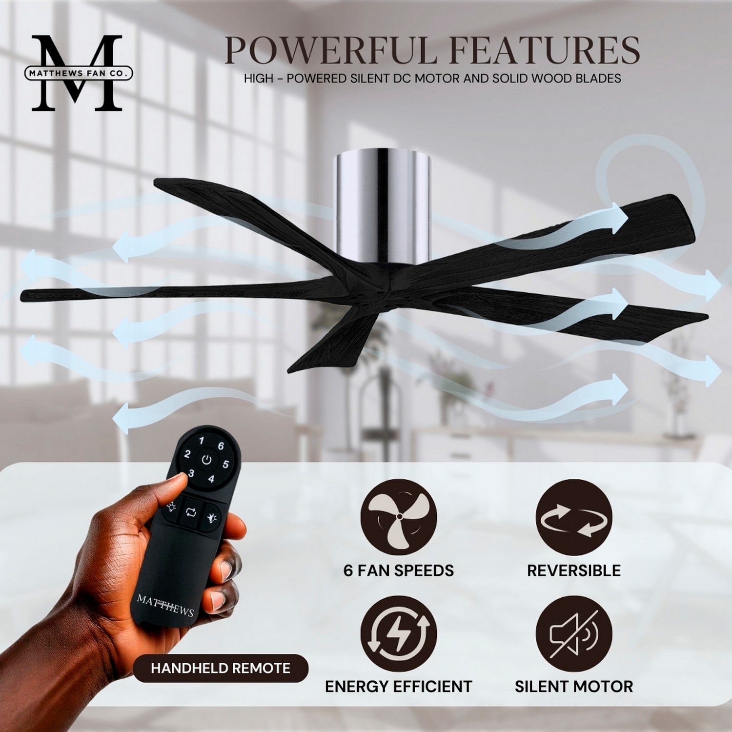 42" Matthews Irene-5H Chrome and Black Hugger Ceiling Fan with Remote