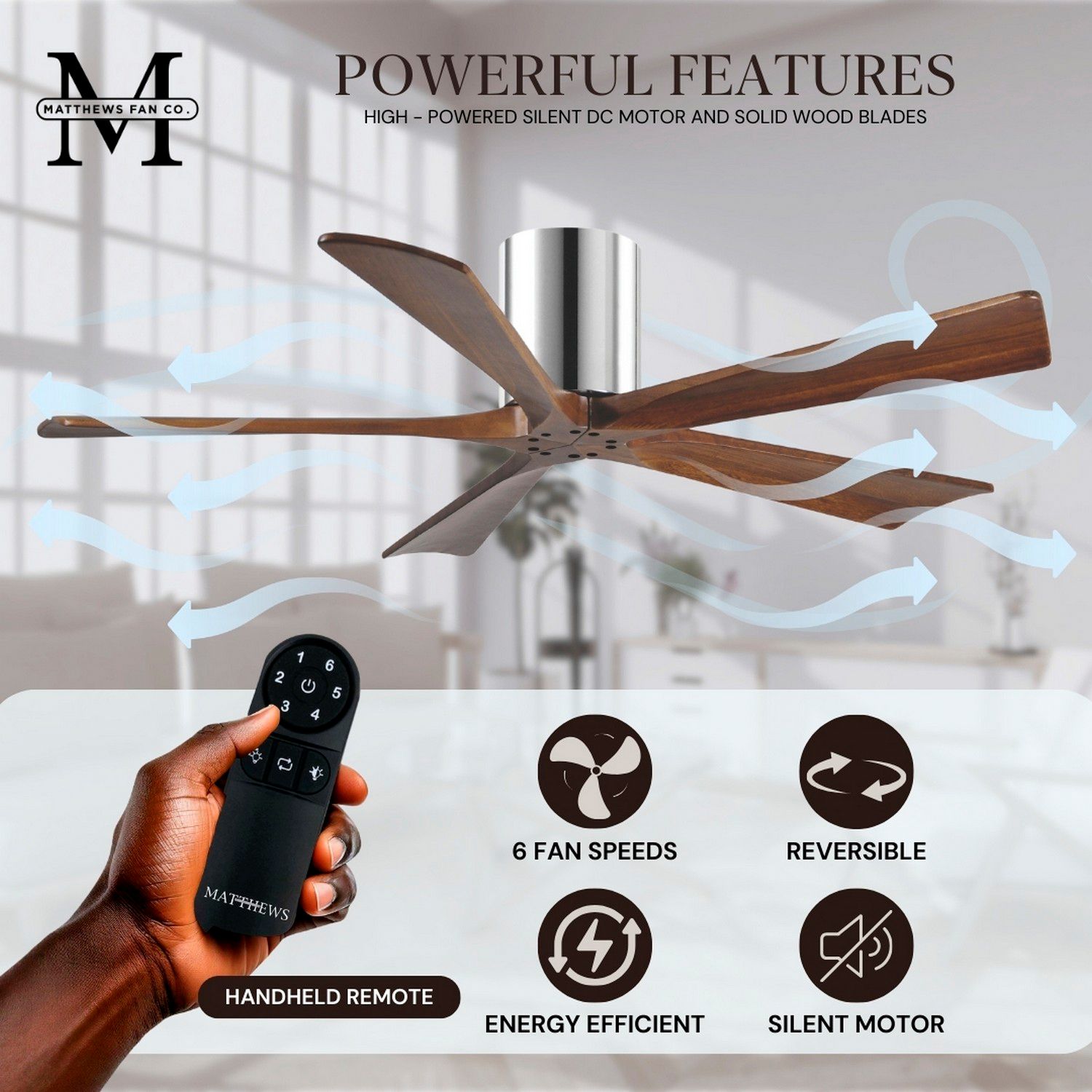 42" Matthews Irene-5H Chrome and Walnut Hugger Ceiling Fan with Remote