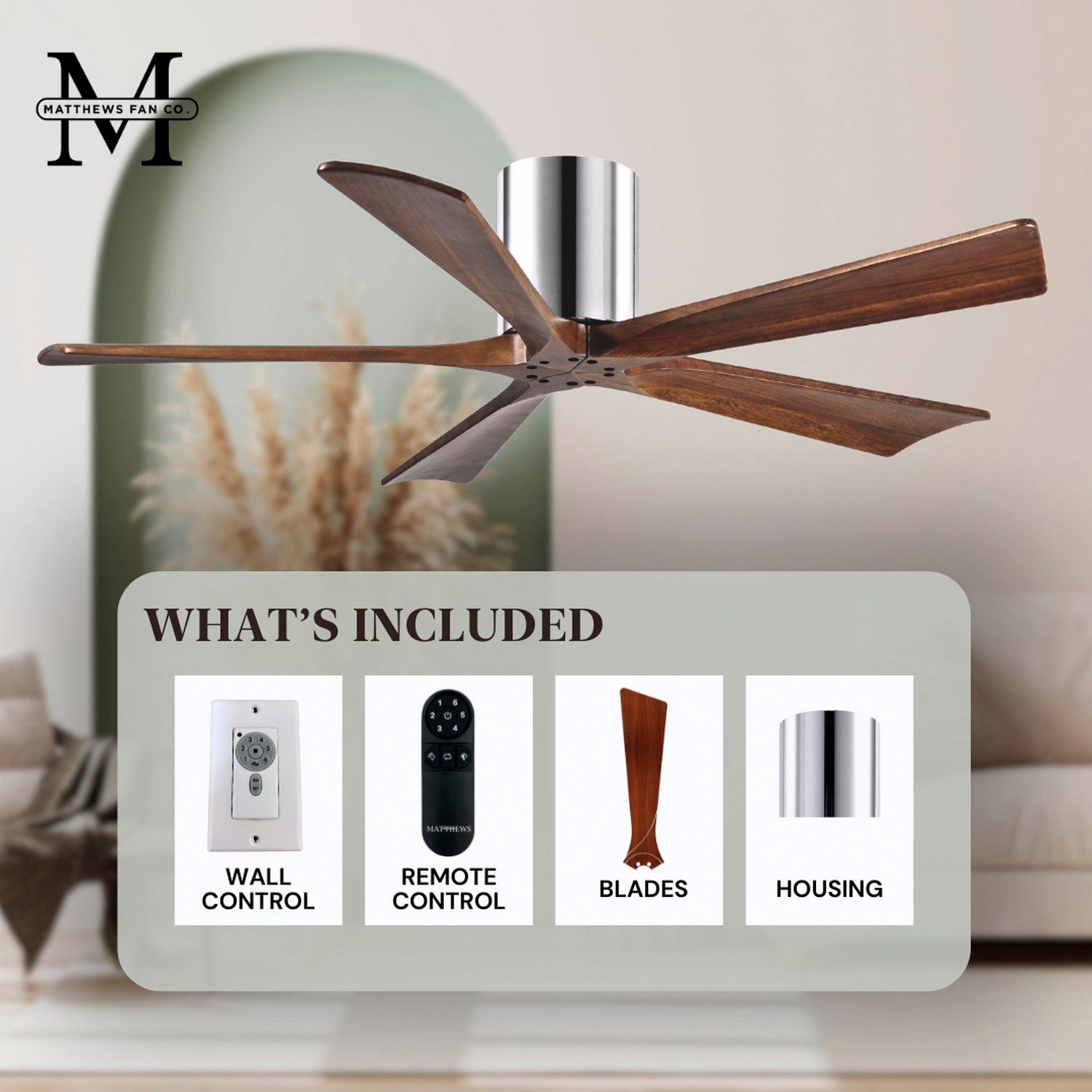 42" Matthews Irene-5H Chrome and Walnut Hugger Ceiling Fan with Remote