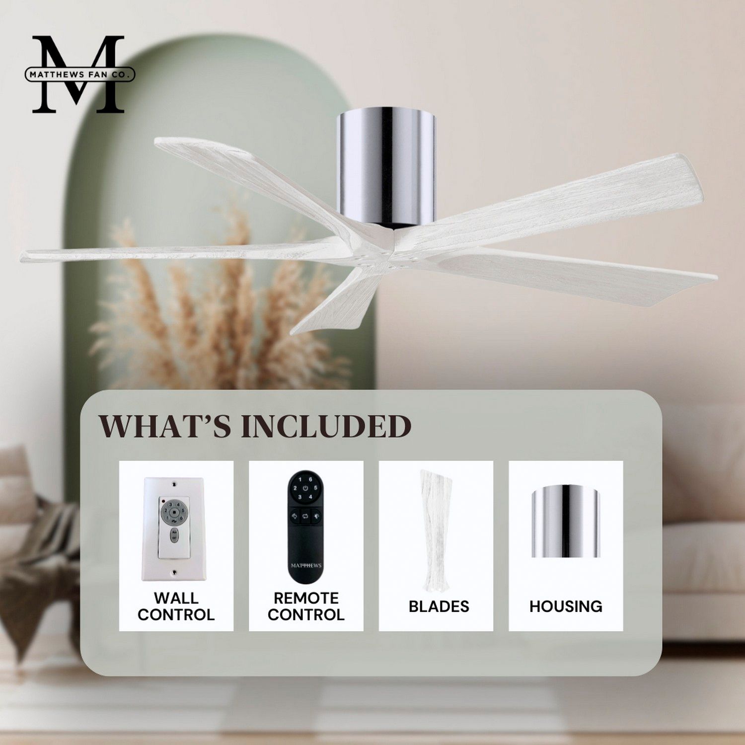 42" Matthews Irene-5H Chrome and White Hugger Ceiling Fan with Remote