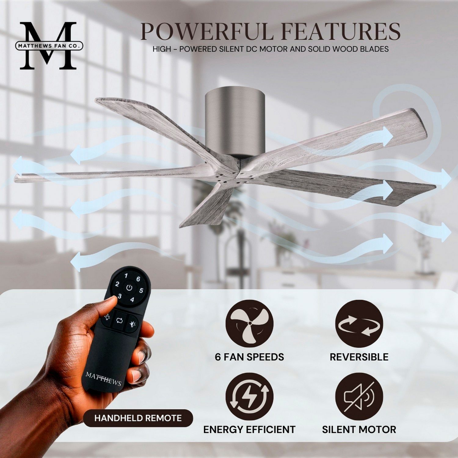 Image 7 42" Matthews Irene-5H Pewter and Barnwood Hugger Remote Ceiling Fan more views