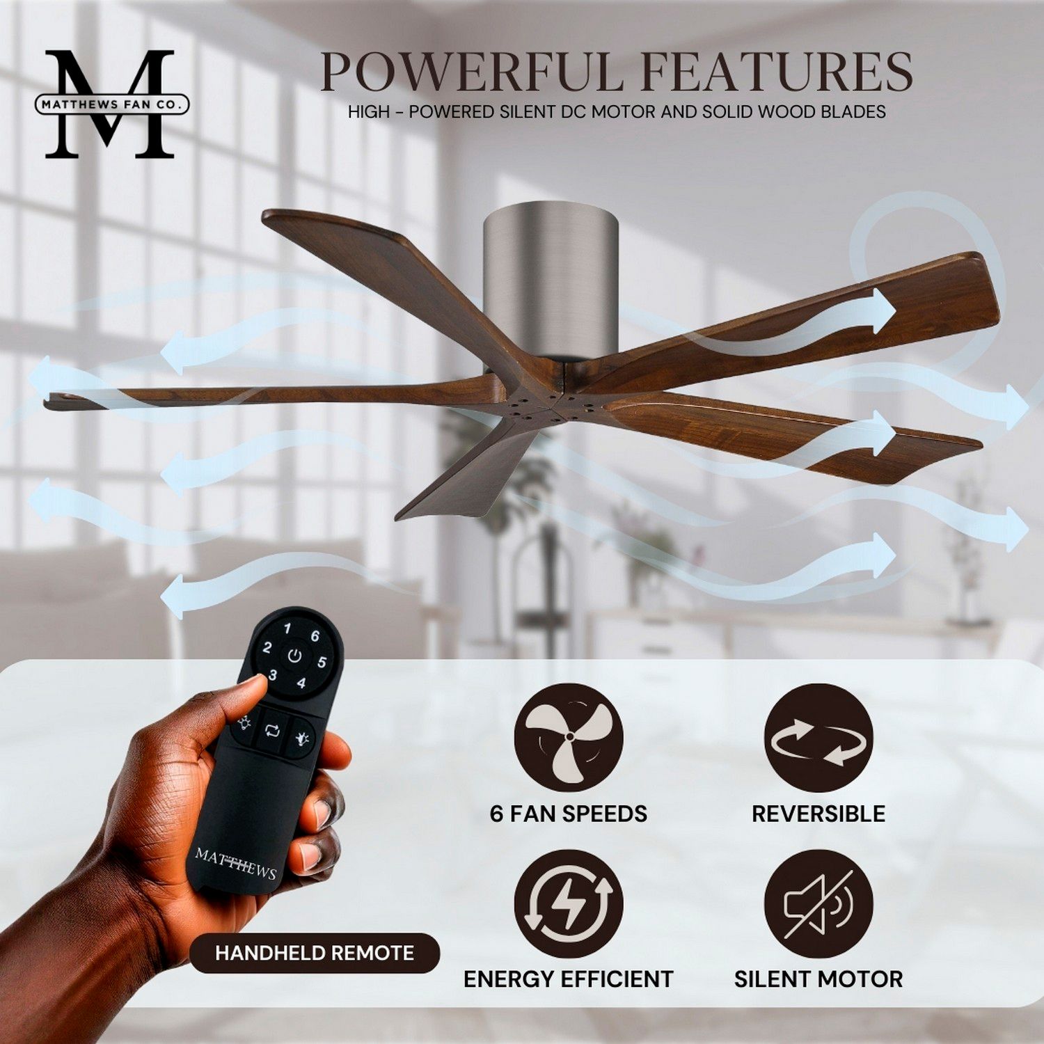 42" Matthews Irene-5H Pewter and Walnut Hugger Ceiling Fan with Remote