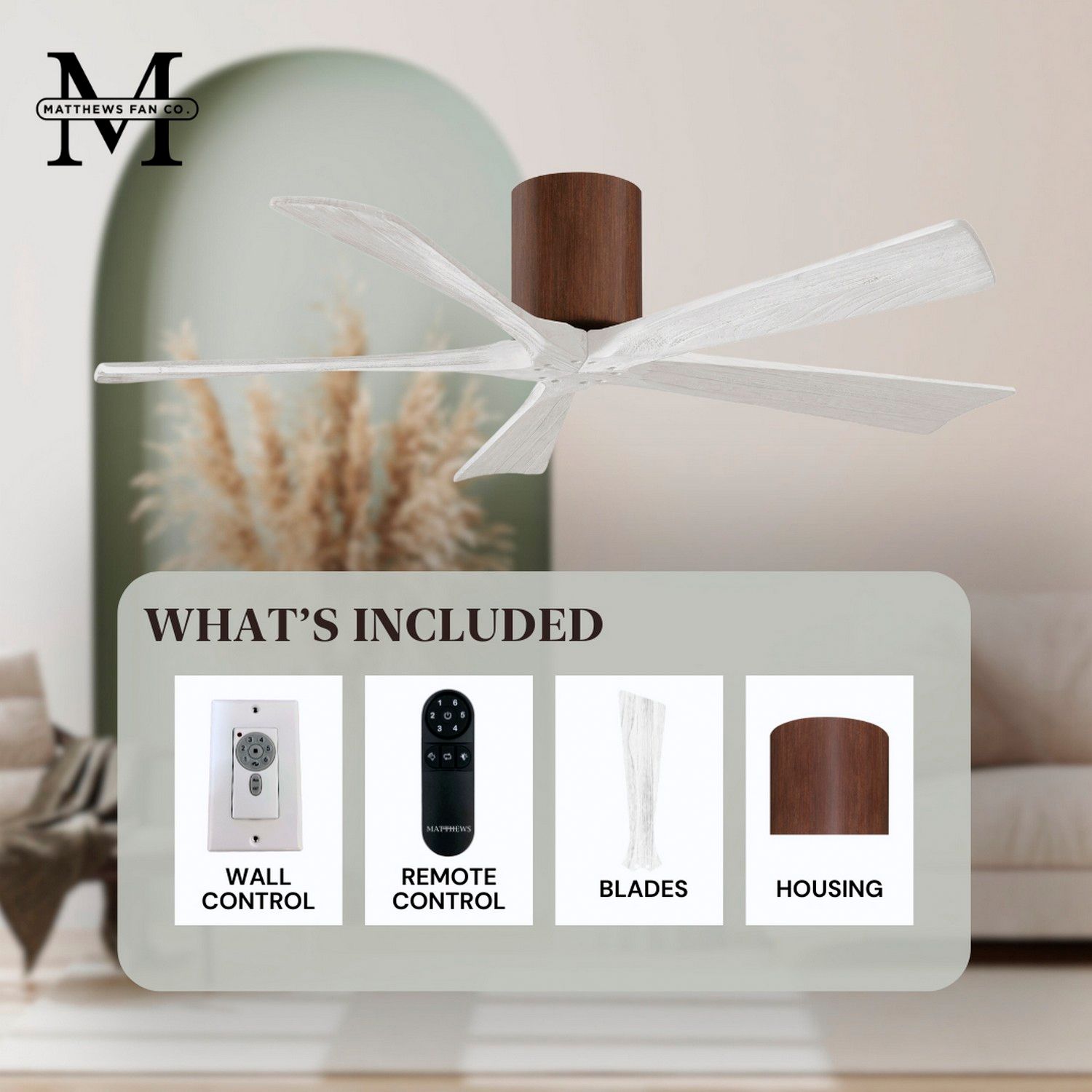 42" Matthews Irene-5H Walnut and White Hugger Ceiling Fan with Remote