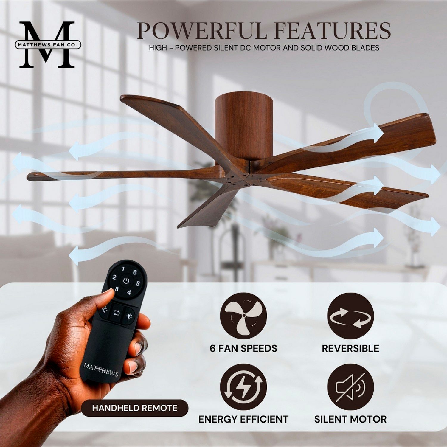 42" Matthews Irene-5H Walnut Damp Rated Hugger Ceiling Fan with Remote