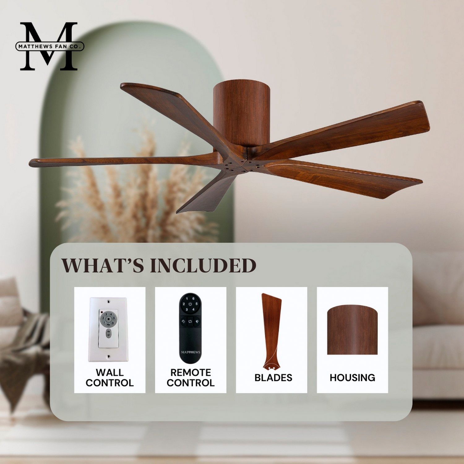 42" Matthews Irene-5H Walnut Damp Rated Hugger Ceiling Fan with Remote