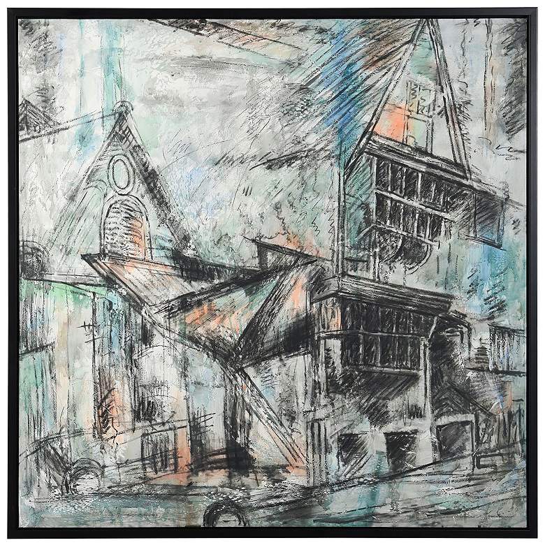 Image 1 42" x 42" Streetside Sketch Black Frame Hand Painted Canvas Wall