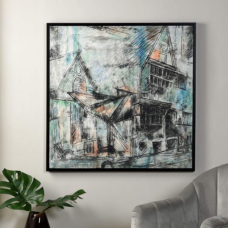 Image 1 42" x 42" Streetside Sketch Black Frame Hand Painted Canvas Wall