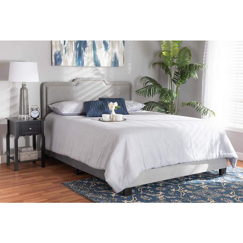Image 1 Baxton Studio Benjen Grey Velvet Fabric Upholstered Queen Size Panel Bed in scene
