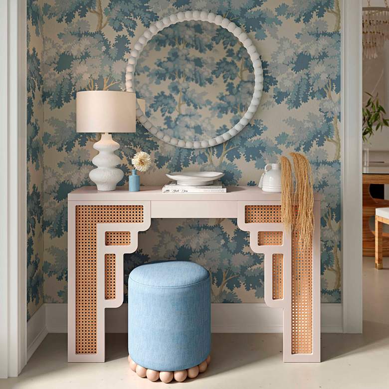 Image 1 TOV Dex 15 3/4" Wide Faded Blue Upcycled Fabric Round Ottoman in scene