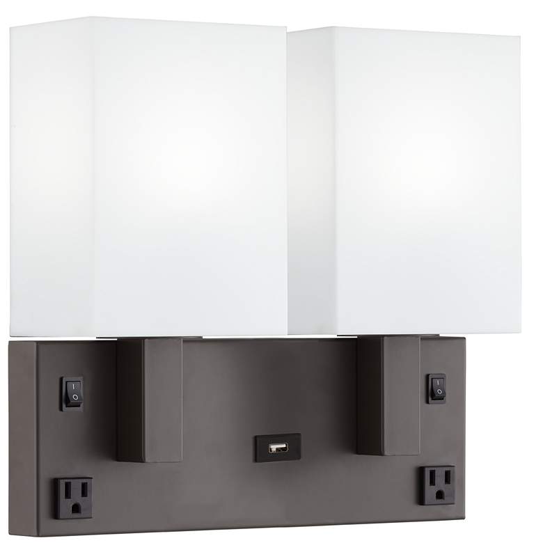 Image 1 42E93 - Dark Bronze Double Sconce Hardwired 1USB/2Outlets