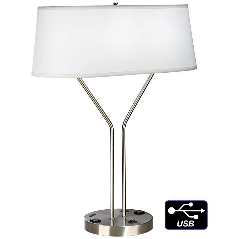 Image 1 42F79-Modern Brushed Nickel Table Lamp with USB and Outlets