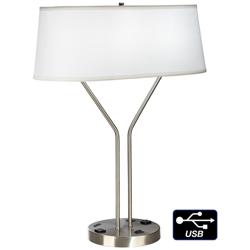 42F79-Modern Brushed Nickel Table Lamp with USB and Outlets